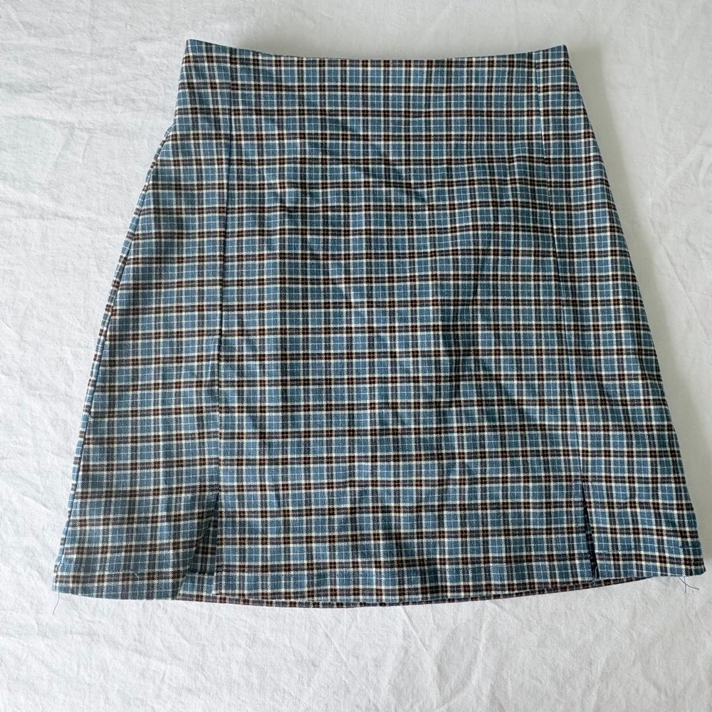 John Galt Brandy Melville Blue Plaid Mini Skirt High Waist Slit MH022 One Size